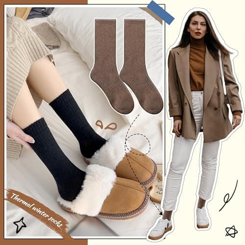 EBMORE Womens Merino Wool Socks Thermal Warm Winter Thick Cosy Boot Crew Cabin Ladies Work Soft Walking Hiking Socks 5 Pairs Gift Stocking Fillers(Beige/White/Black/Khaki) — view 2