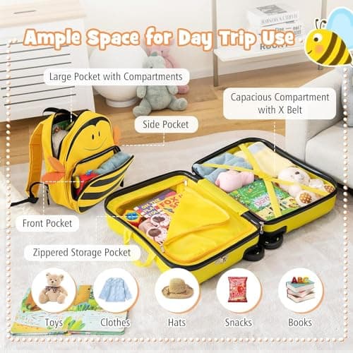 2PC Kids Luggage Set, 4 in 1 Toddler 17L Ride-on & Carry-on Hardshell Suitcase with Wheels, Anti-Lose Rope, 4L Backpack Set, Lightweight Travel Rolling Trolley for Boys Girls (Yellow Bee) — view 6