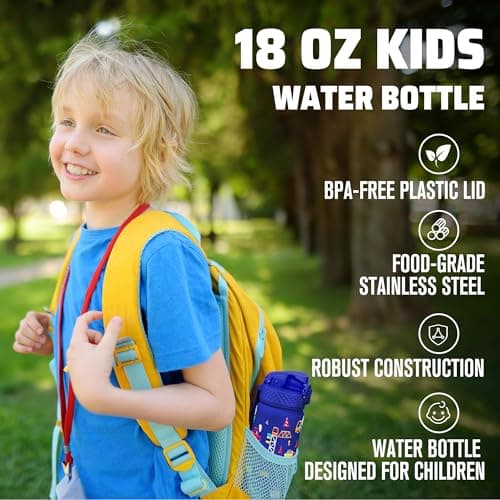 GOPPUS 550ml/18oz Kids Insulated Water Bottle with Straw Cute Double Wall Stainless Steel Child's Small Flask Vacuum Insulated Steel Metal Leak Proof Drink Flask Boys Toddler Girls Bottles BPA-Free — view 6