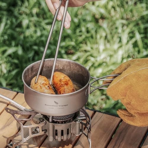 iBasingo Titanium Camping Cookset 750ml + 300ml Pot Pan Set with Folding Handle Lightweight Outdoor Cooking Mess Kit for Backpacking, Hiking & Travel Portable Compact Cookware Ti2037C — view 3