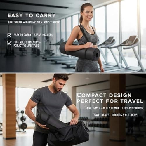 HAADi Yoga Mat Unisex Non-Slip Thick Foam Exercise Mat 10mm with Carry Strap (Black) — view 6