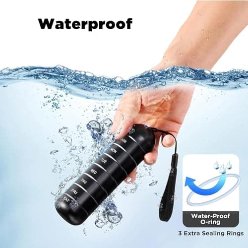 Metal Pill Organizer Weekly,Stackable Waterproof Travel Pill Box,Travel Hiking 7 Day Pill Box Case,Date Display,Large Compartment to Hold Pills, Vitamins,Fish Oil, Supplements (Black) — view 6