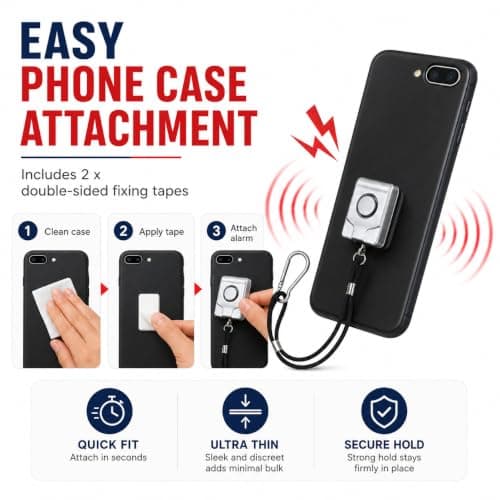 Minder Mobile Phone Personal Alarm 125dB Ultra Thin Anti-Theft Safety Siren with Captive Pin, Carabiner Clip & Fixing Tapes for Phone, Handbag, Rucksack, Travel & Students (Black) — view 4