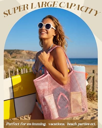 Cunno 6 Pieces Mesh Beach Tote Bag for Women Summer Waterproof Sandproof Shoulder Bag for Travel Vacation Shopping Picnic, Pink, 19.7" x 13" x 6.3", Casual — view 6