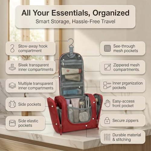bago Travel Toiletry Bag for Women and Men X-Large Waterproof Hanging Large Toiletry Bag for Bathroom and Travel Bag for Toiletries Organizer - Makeup Bag (Red) — view 2