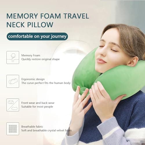 FEUFOAM Neck Travel Pillow for Travel Soft Memory Foam Pillows Lightweight Breathable Airplane Pillow Support Head and Chin Perfect for Camping Train Car Office Rest Green — view 2