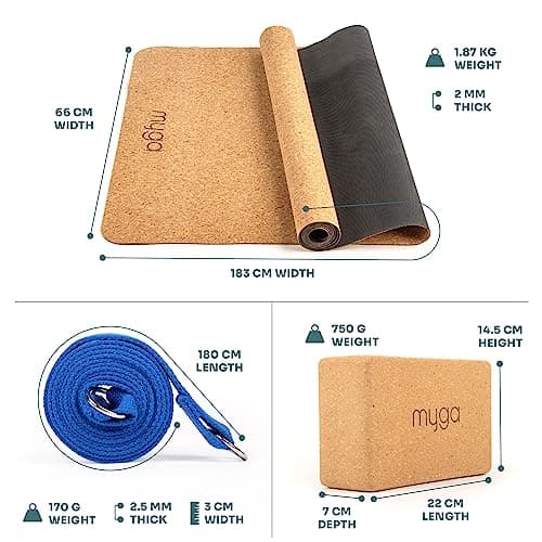 Myga Cork Yoga Starter Set - Cork Mat, 2 Blocks & Metal Strap for Hot Yoga, Pilates & Fitness - Royal Blue — view 6