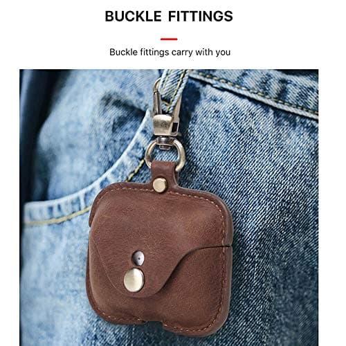 Handmade Genuine Top Grain Leather Case Compatible with AirPods Pro 2, Vintage Leather Earbuds Protective Cover with Keychain Hook, Support Wireless Charging, Brown — view 5