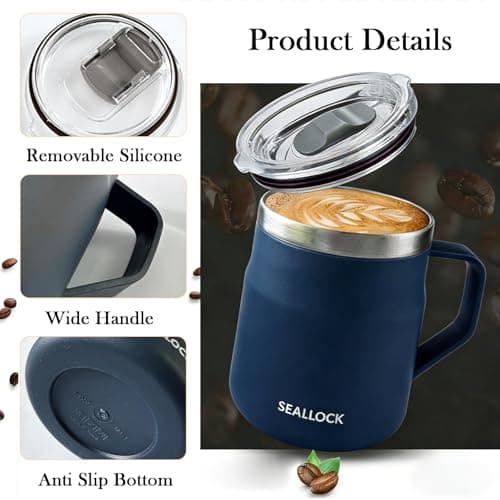YueXing 450ml Stainless Steel Coffee Mug with Lid and Handle – Wide-Mouth Easy-Clean Desk Mug for Home or Office (Blue) — view 3