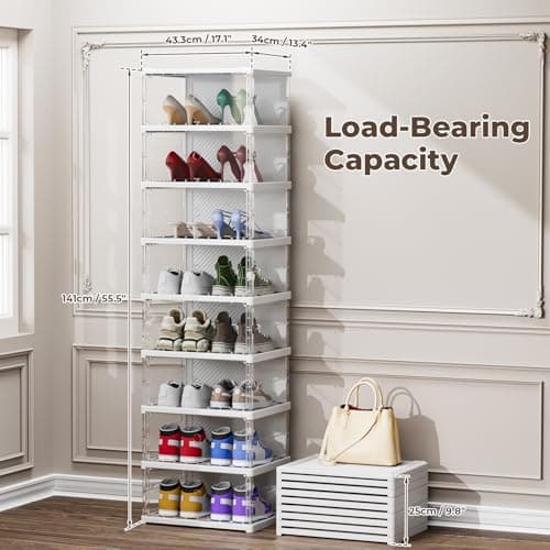 KU Syang Shoe Storage Box,8PCS Shoe Organiser Stackable with Magnetic Door Storage Organise Foldable Space Saving,Fits up to UK Size 12, Transparent and White — view 5