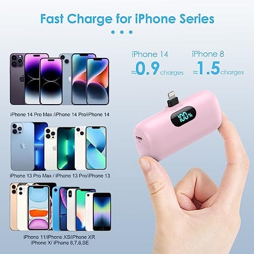 5000mAh Mini Power Bank for iPhone, Upgraded 15W PD Fast Charging Portable Charger, LCD Display 3.0A Small Battery Pack Compatible with iPhone 14/14 Pro Max/13/13 Pro Max/12/11/XR/X/8/7/6 etc-Pink — view 2
