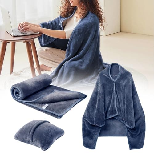 Travel Blanket and Pillow, Premium Soft 2-in-1 Folding Travel Blanket, Multifunctional Shawlable Flannel Poncho Blanket, Car Blanket for Women, Men (Navy) — view 5