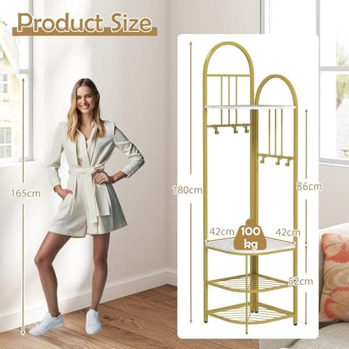 COSTWAY Corner Coat Rack Stand, 4-Tier Freestanding Hall Tree with Shoe Bench, Storage Shelves & 6 Hooks, Metal Frame Garment Rack Clothes Hanger Organiser for Hallway Bedroom (White + Gold) — view 6