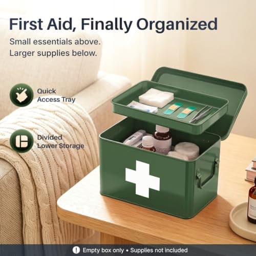 Flexzion Large Metal First Aid Box Empty, 8.5-Inch, Green with White Cross — view 2