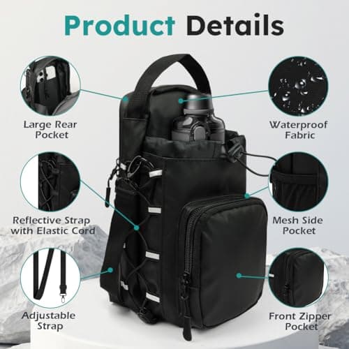 Alaoo Travel Water Bottle Bags, Water Bottle Carrier Bag for Hiking, Magnetic Gym Bag with Man and Woman for Outdoor, Climbing, Walking, Fitness, Black — view 3