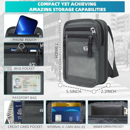 Dotop RFID Neck Wallet for Travel, Neck Wallet with RFID Blocking, Waterproof Passport Holder with Adjustable Strap, Hidden Travel Pouch Crossbody Bag for Men & Women, with Multiple Zip Pockets(Grey) — view 2
