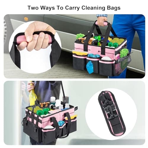 M.J COMFY-LIFE Cleaning Caddy Organizer with Handle, Large Multi-Compartment Cleaning Tote Bag with Removable Dividers, Adjustable Shoulder Strap & Waist Belt for Cleaning Supplies (PINK) — view 5