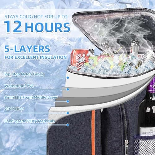 Bagtopia Camping Cooler Backpack 25 Cans, Leak Proof Soft Insulated Compartments Thermal Bag, Portable Lightweight Beach Travel Trip Picnic Lunch Backpack for Men and Women, Stripes-Navy Blue — view 3