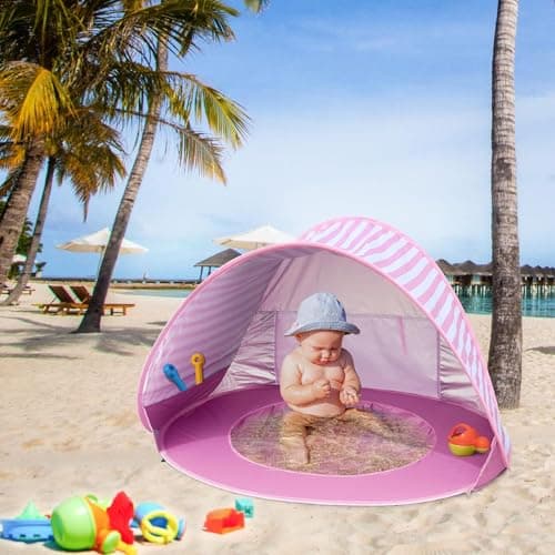Pop Up Baby Beach Tent,Automatic Baby Sun Shade Shelter Tent with Baby Pool Portable Lightweight UV Protection Beach Tent for Baby Family Picnic Garden (Pink) — view 6