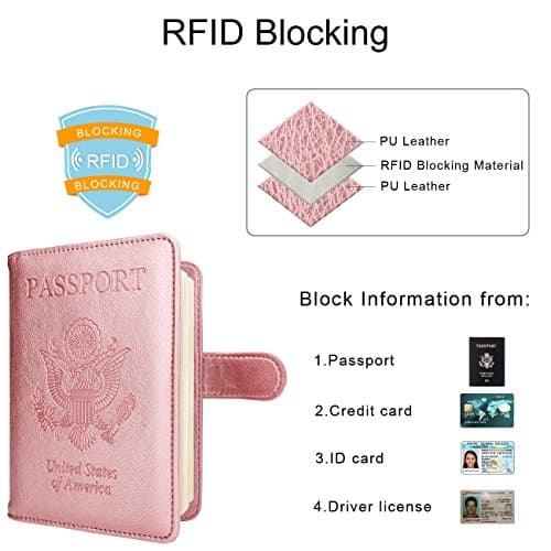 WALNEW Passport Holder for Travel, RFID Wallet for Men Women, PU Leather Case with Pen, Buckle, Rose Gold, Buckle Closure — view 3