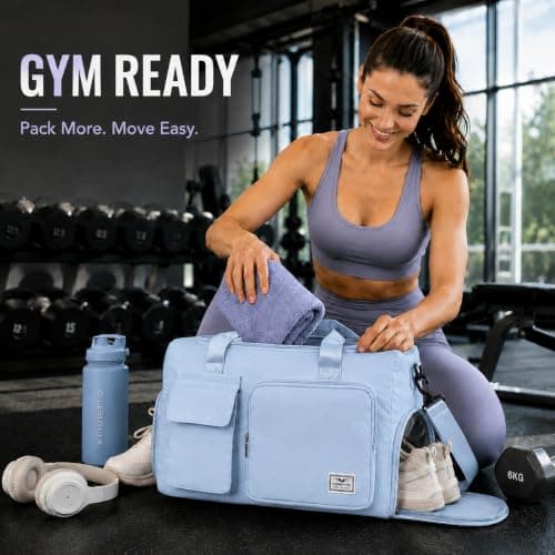 FIORETTO Gym Bag Womens, Sports Bag with Shoe Compartment, Light Blue — view 2