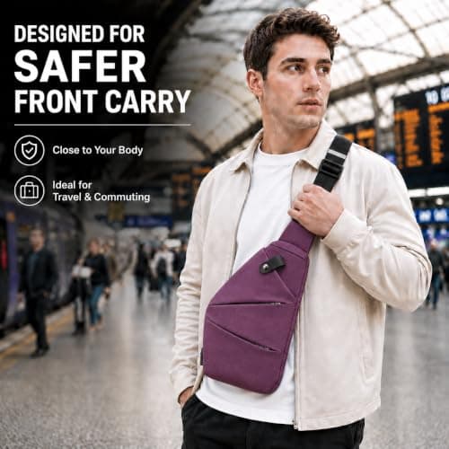 CSKKYO Crossbody Bag for Women Men, Anti Theft Sling Bag, Slim Water Resistant Travel Shoulder Bag with Hidden Pockets for Passport Phone Purse (Purple) — view 3