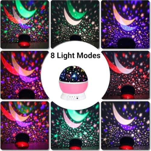 VORACIS Rotating Galaxy Star Projector Night Light for Kids Bedroom, 360° Star Sky & Moon LED Lamp, 8 Colour Light Modes, USB & Battery Powered, Portable Nursery Bedside Sleep Light, Pink — view 3