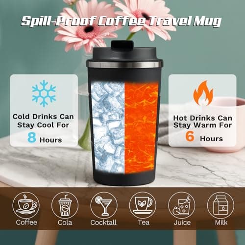 Harindiver Insulated Coffee Cup with Lid, Leak Proof Travel Coffee Mug, Reusable Stainless Steel Vacuum Tumbler, Double Wall Thermal Cup for Hot and Cold Drinks, for Men and Women(3rd-Black, 380ml) — view 3