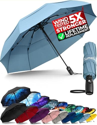 TUMELLA Strongest Windproof Travel Umbrella (Compact, 100MPH Wind-Tested), Light, Portable, One-Handed Use, Automatic Folding Rain Umbrella, Durable, Premium Grip, Fits Car & Backpack