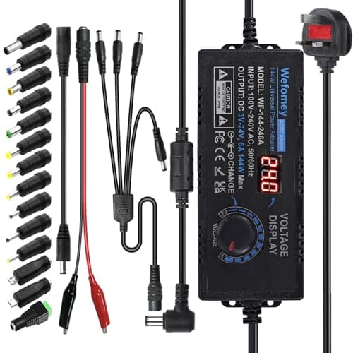 Universal Power Supply 3V~24V 6A 144W Adjustable Variable 3V 5V 9V 12V 18V 20V 24V AC/DC Adapter Charger, 100V-240V AC to DC Converter with 14 Tips, Polarity Converter and 4-Way Power Splitter Cable