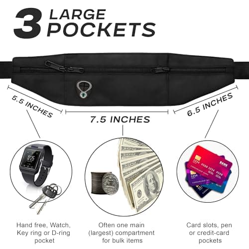 SAWANS Running Belt Bum Bag Waist Pack Ultra-Light Fitness Belt Water Resistant Running for All Smartphone Up to 6.9 inch Jogging Exercise - Anti Theft Travel Wallet for Unisex Waistband (Black) — view 4