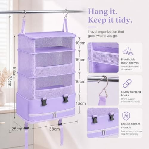 FERNVALE Hanging Travel Storage Bag 5-Layer Large Capacity Foldable Suitcase Organizer Portable Hanging Toiletry Bag with Steel Frame Heavy Duty Closet Wardrobe Storage for Home Hotel & Dorm (Purple) — view 2