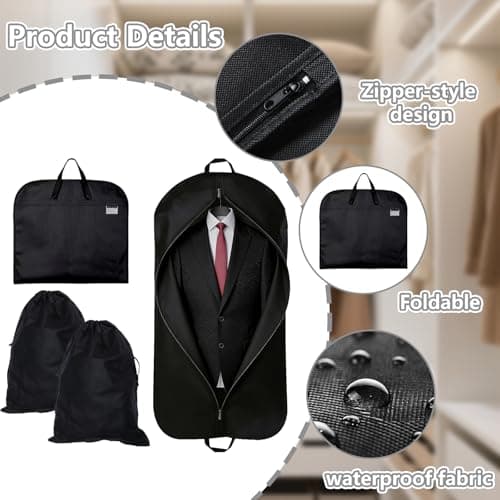 3PCS Suit Bags for Men Set, Suit Carrier, 60x120CM, Includes 2 Shoe Bags. Designed for Storing Jackets, Shirts, Evening Gowns, and Suits. Ideal for Travel and Business Use. (Black） — view 3
