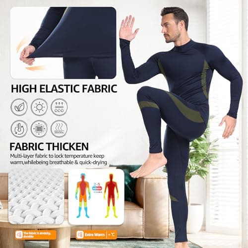 UNIQUEBELLA Mens Thermal Underwear Set Long Sleeve Turtleneck Tops Long Johns Thermal Base Layer Bottom Fleece Lined Quick Drying — view 3