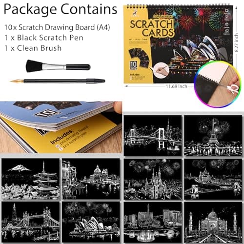 10-Page Scratch Art Book for Adults & Teens, A4 City Landmarks Activity Set — view 4