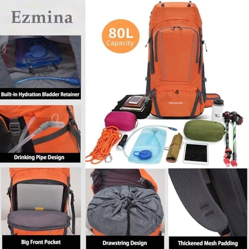 Ezmina 80L Hiking Backpack with Rain Cover Large Camping Rucksack for Men Women Lightweight Travel Backpacking Waterproof Trekking Bag Hiker Daypack for Touring Climbing Outdoor Sport Mountaineering — view 5