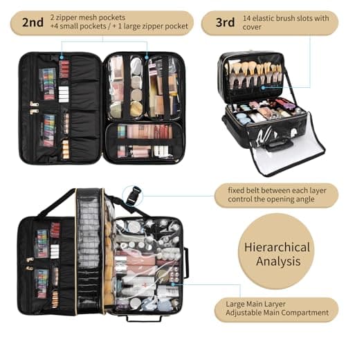 Rolling Makeup Train Case, 18" Carry On Travel Cosmetic Organizer Suitcase,Extra Large Trolley Makeup Storage Case On Wheels,3 Layers with 3pcs Traveling Bags for Hairstylist Cosmetology Artist — view 4