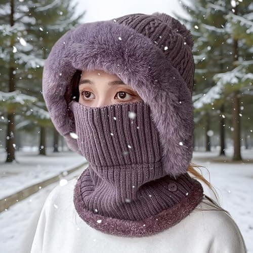 Generisch Knitted Winter Hats for Women, Windproof Neck Warmer, Winter Hat Including Scarf, for Hiking and Cycling and Travel, Cycling, Snowboarding for Women, Grandma, Mother, purple — view 3
