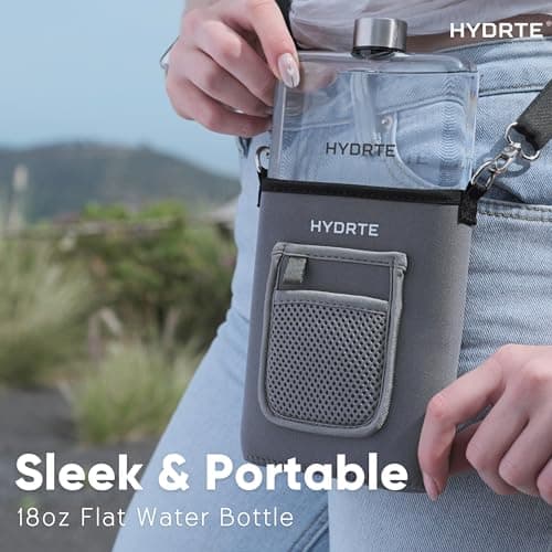 Hydrte Travel Mini Water Bottle with Strap & Sleeve – 500ml BPA-Free Slim Flat Reusable Water Bottle, Leak Proof (Slate Grey) — view 2