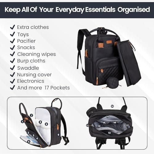 ASAB Baby Changing Backpack with Changing Mat Pacifier Holder Waterproof Diaper Nappy Changing Bag with Adjustable Stroller Straps Multi Pockets Double Zipper Baby Bag for Mum and Dad (Black) — view 2