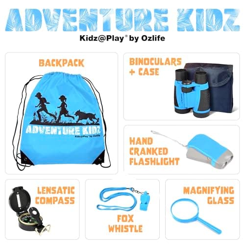 Adventure Kidz Outdoor Exploration Kit, Children’s Binoculars, Flashlight, Compass, Fox Whistle, Magnifying Glass, Backpack. Great Gift Set for Educational, Pretend Play, Ages 3+ Boys Girls (Blue) — view 2