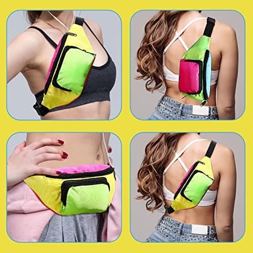 Xuniea 80s 90s Neon Fanny Pack, 2 Pockets Waist Bag, Yellow Bottom — view 5