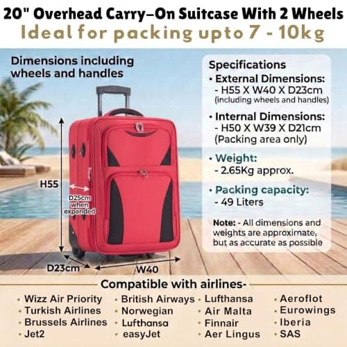 DK Luggage Carry-on 20” Lightweight Expandable Overhead Cabin Wizz air, EasyJet, BA, Jet 2 Hand Luggage Approved Suitcase 2 Wheel Luggage DK16 (Red, 20" Cabin) — view 2
