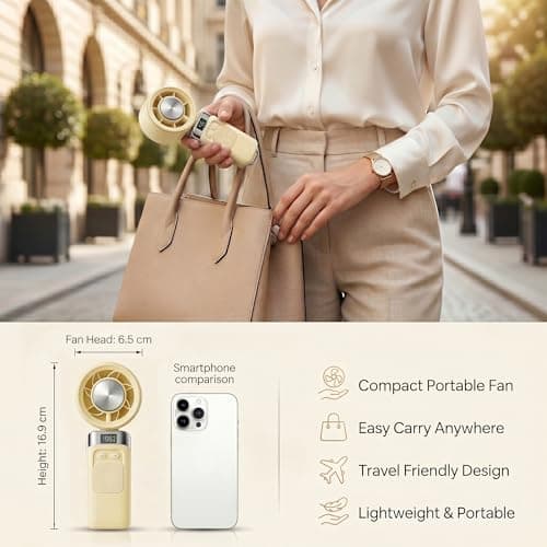 Ventox Rechargeable Handheld Fan, Yellow, 3600mAh Battery Up to 12H Cooling Mini Portable Fan with Lanyard, Digital Display, C Type USB Hand Held Fans 100 Speeds, 135° Adjustable Angle Airflow — view 2