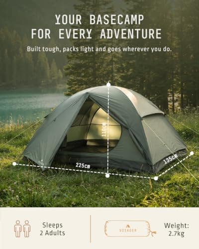 Voyager 2 Man Tent - Waterproof, Windproof, Quick Setup, Spacious 2-Person Camping Tent, Durable, Lightweight Outdoor Shelter, Ideal for Hiking, Backpacking, Camping- 225x135x110cm (Green) — view 5