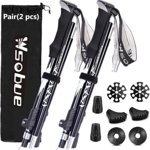 Trekking Pole, Collapsible Walking Hiking Stick for Men Women, Ultralight Aluminum Ski Pole with EVA Grip (Black-Pair(2 pcs))