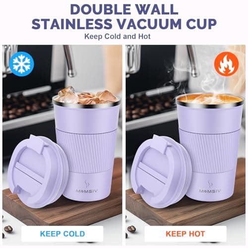 MOMSIV Coffee Cup, Insulated Coffee Cup with Leakproof Lid, Non-Slip Vacuum Reusable Stainless Steel Eco-Friendly Travel Office Mug for Hot and Cold Water Coffee and Tea, 380ml/13oz(Purple) — view 3