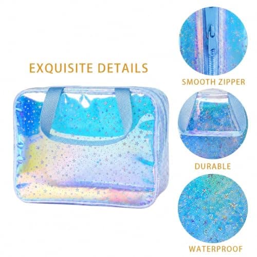 Clear Star Print PVC Cosmetic Bag, Waterproof Travel Makeup Pouch, Portable Wash Bag Women, Purple Transparent Clear Toiletry Bag with Handles — view 3