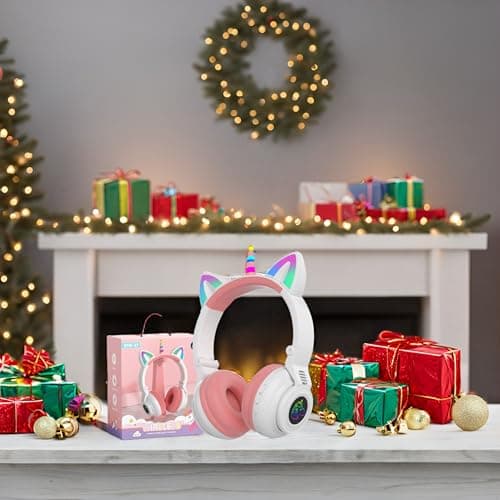 YUSONIC Unicorn Headphones for Girls, Unicorn Bluetooth Headphones Foldable for Girl Toddlers Tablet/pad/Amazon fire,Light Up Kids Wireless Headphone Birthday Gifts (White) — view 3
