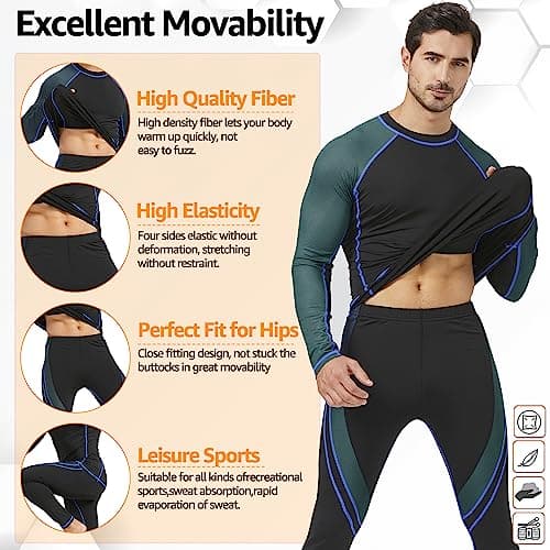 UNIQUEBELLA Mens Thermal Underwear Set Long Sleeve Tops Long Johns Thermal Base Layer Bottom Fleece Lined Quick Drying — view 5